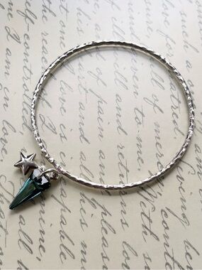 Sterling Silver Bangle Bracelet with Carribean Blue Crystal Spike and Star Charm